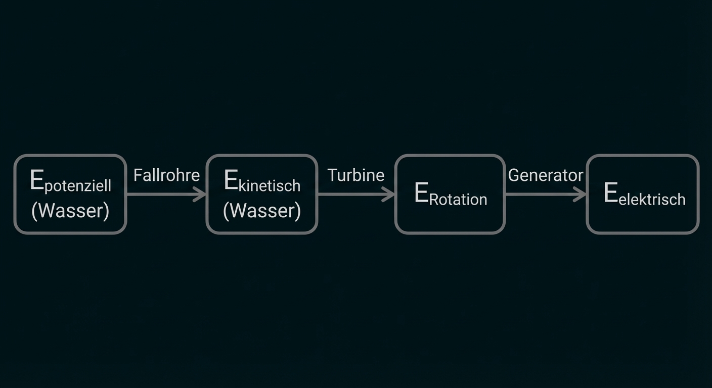 Energiefluss: potenzielle Energie (Wasser) → kinetische Energie → Turbinenrotation → Generator → elektrische Energie
